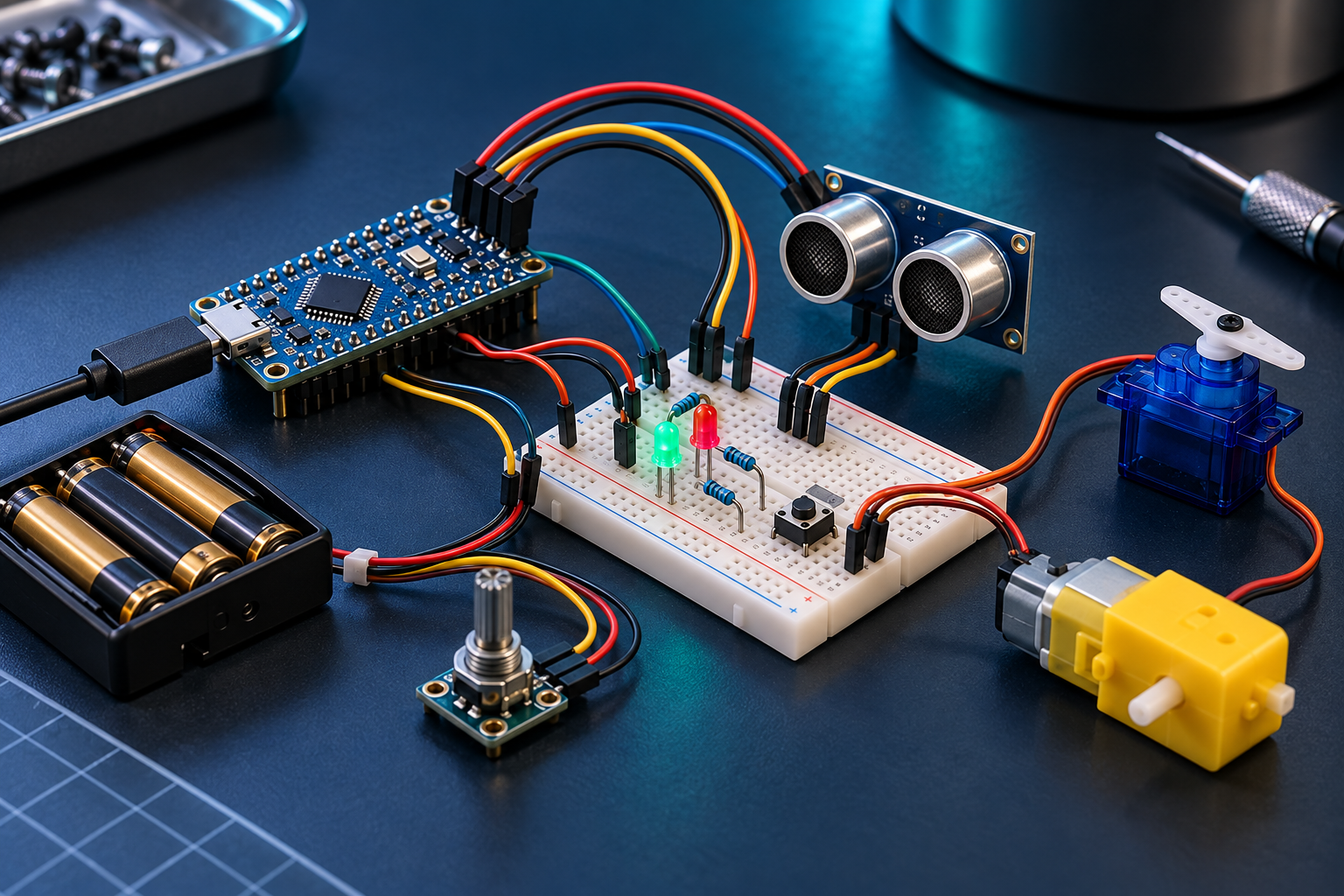 Escena conceptual de una placa, protoboard, sensores, LEDs, servo y motor conectados sobre una mesa de trabajo.